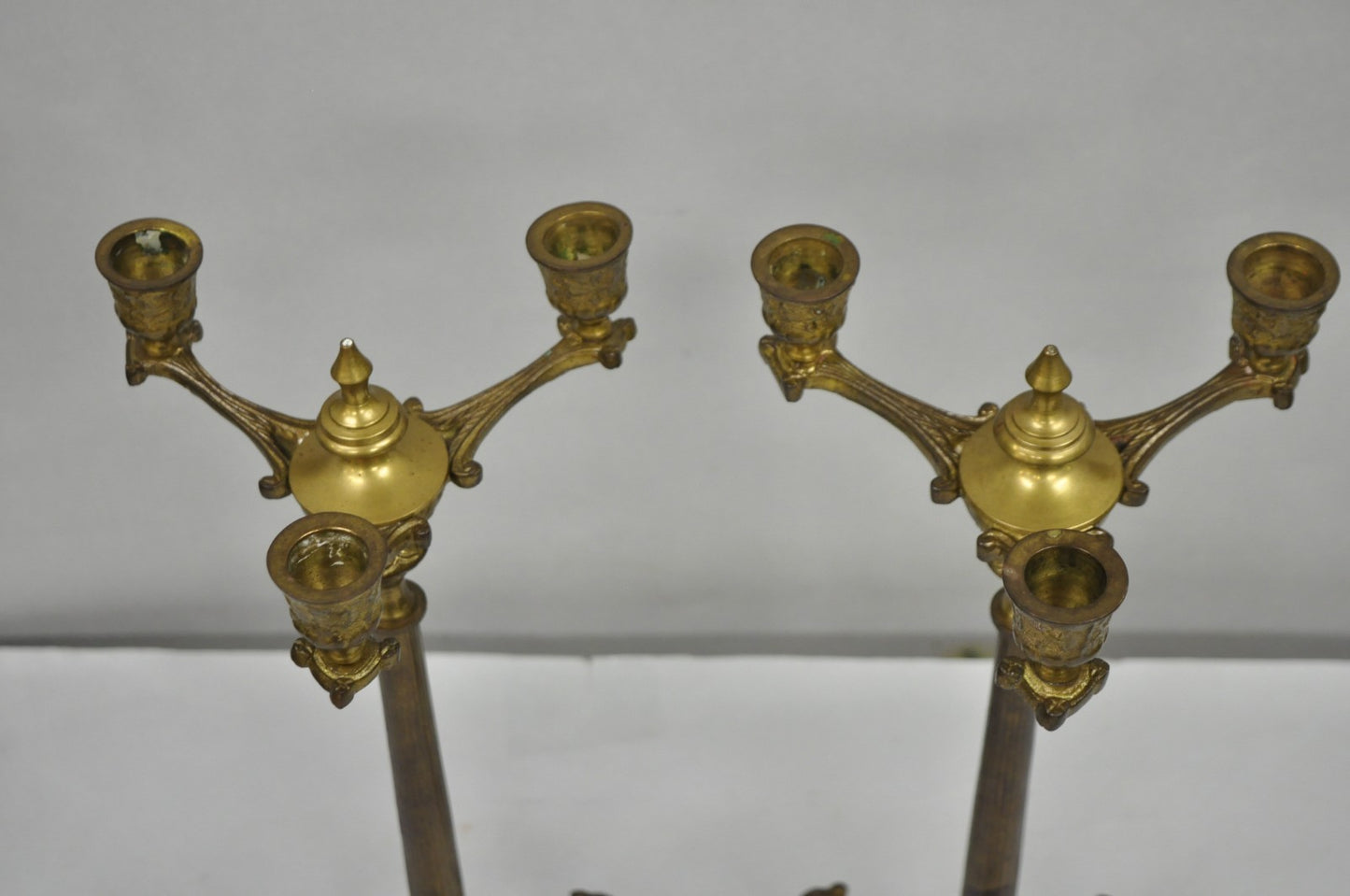 Antique French Renaissance Gothic Figural Brass 16" Candelabra w/ Lions - a Pair