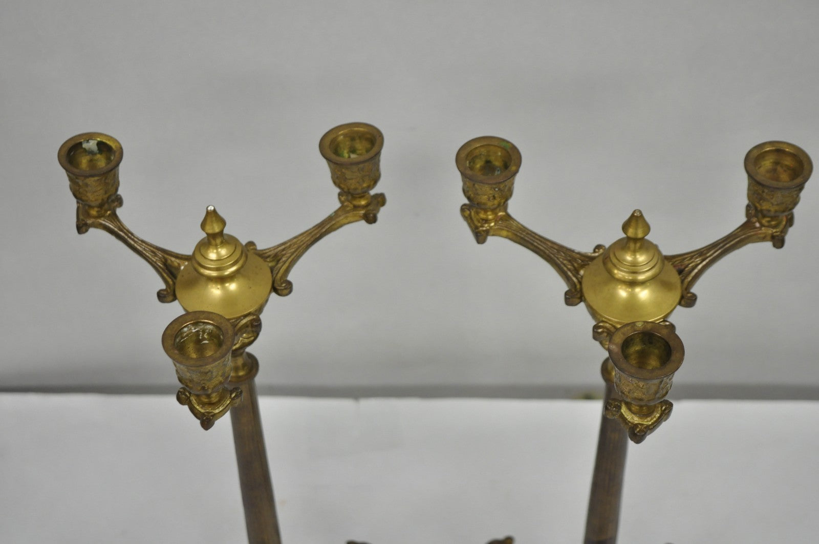 Antique French Renaissance Gothic Figural Brass 16" Candelabra w/ Lions - a Pair
