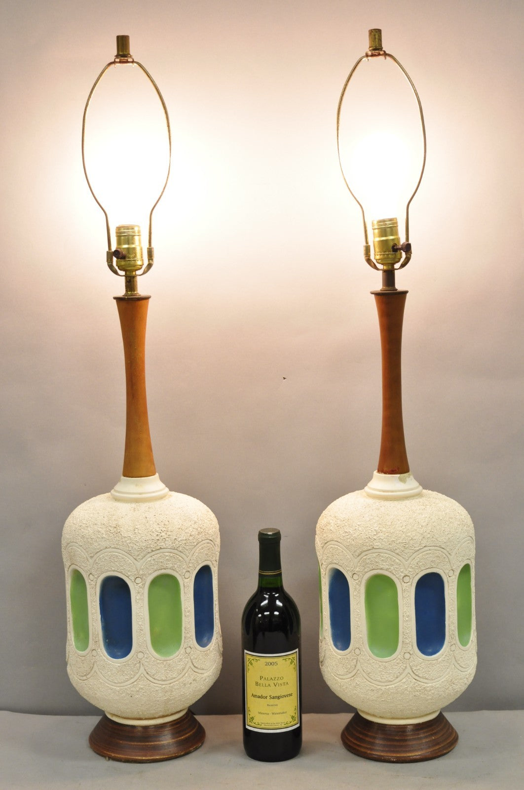 Vintage Mid Century Modern White Blue Ceramic Pottery Teak Table Lamps - a Pair