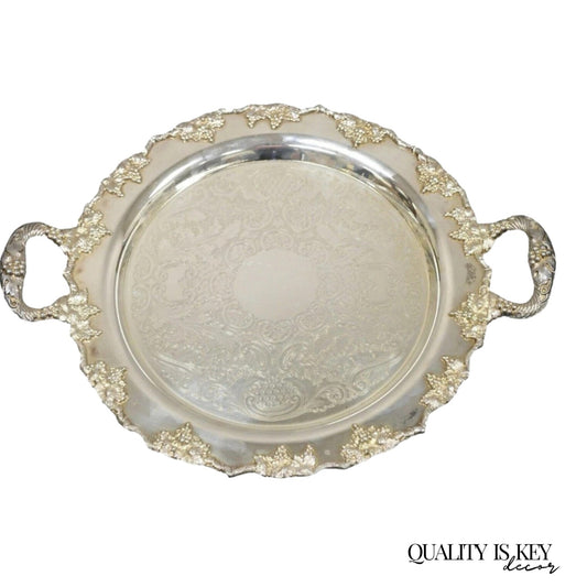 Vintage Crescent Silver Plated 17" Grapevine Pattern Round Bar Tray w/ Handles