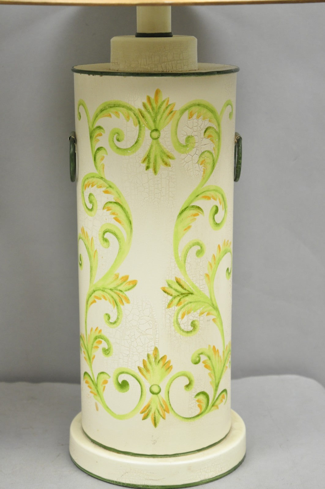 French Country Cream & Green Distressed Tole Metal Cylinder Table Lamps - a Pair
