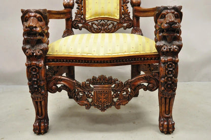 Renaissance Gothic Style Large Figural Lion Carved Wood Paw Feet Throne Chair