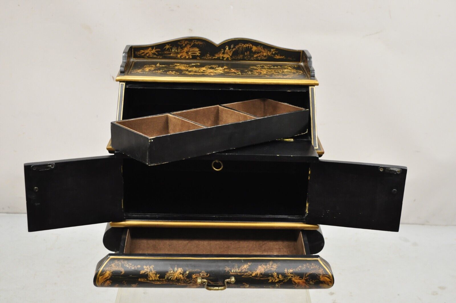 Decorative Chinoiserie Bombe Style Black Lacquer Oriental Jewelry Box