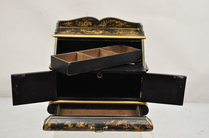 Decorative Chinoiserie Bombe Style Black Lacquer Oriental Jewelry Box