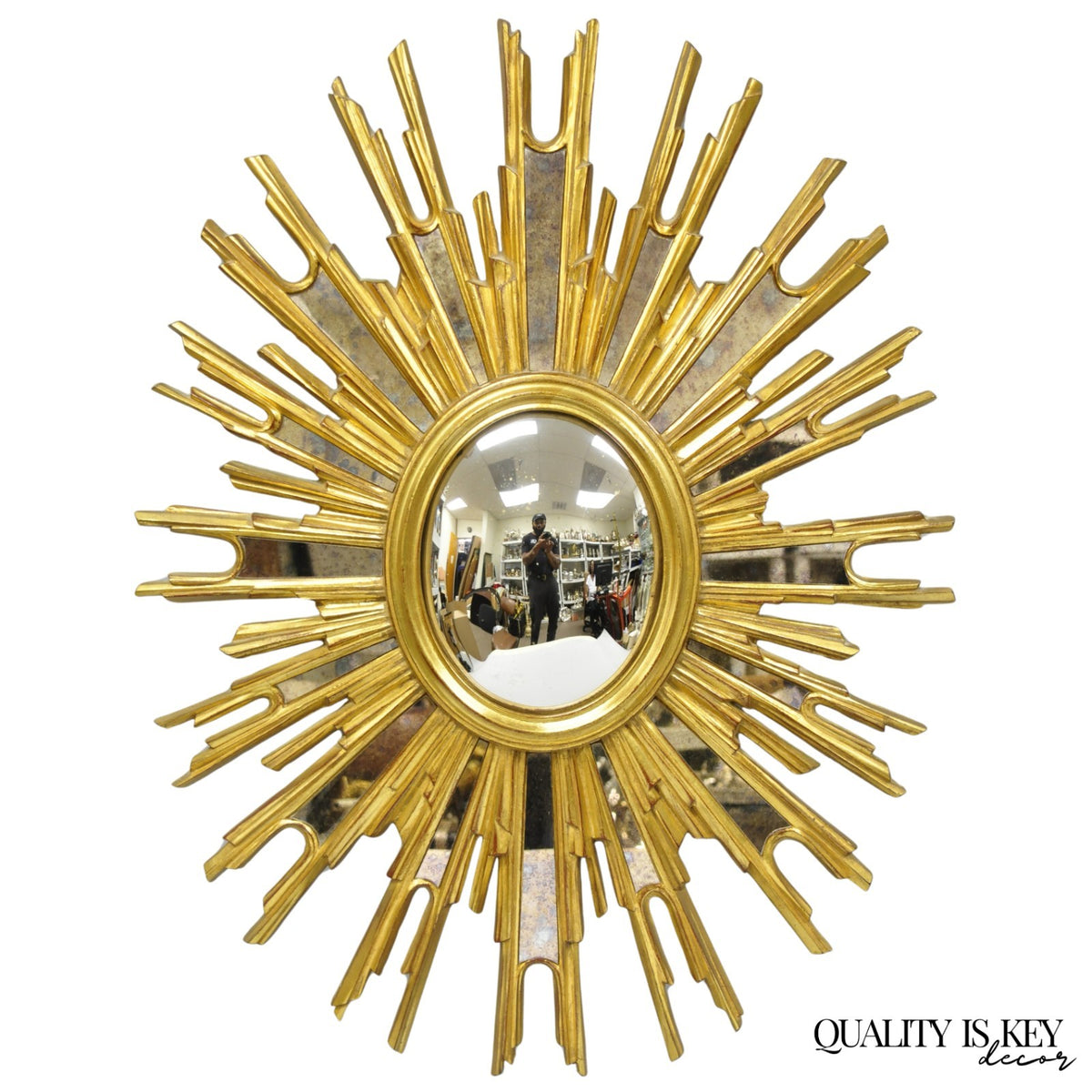 Vintage Italian Hollywood Regency Gold Gilt Sunburst Convex Bullseye Wall Mirror