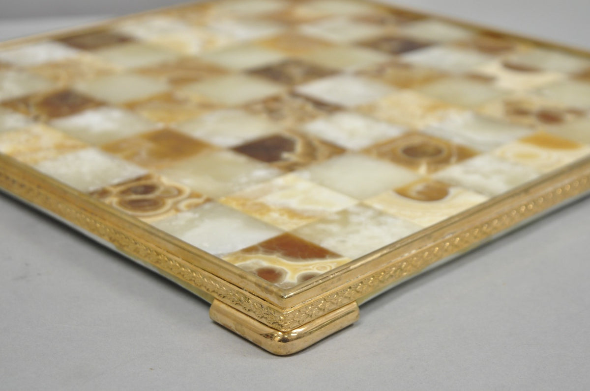 Vintage Mid Century Modern Mosaic Brown Onyx Stone Chess Game Checkerboard
