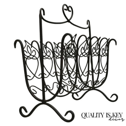 Vintage French Style Scrolling Wrought Iron Magazine Rack Stand with Heart
