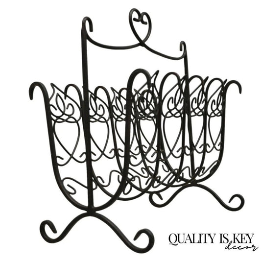 Vintage French Style Scrolling Wrought Iron Magazine Rack Stand with Heart