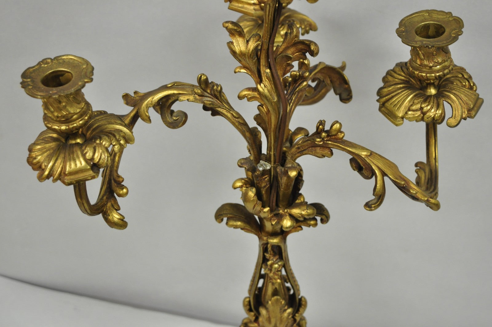 Antique French Rococo Baroque Gold Bronze Leafy Scroll Candelabra Table Lamp