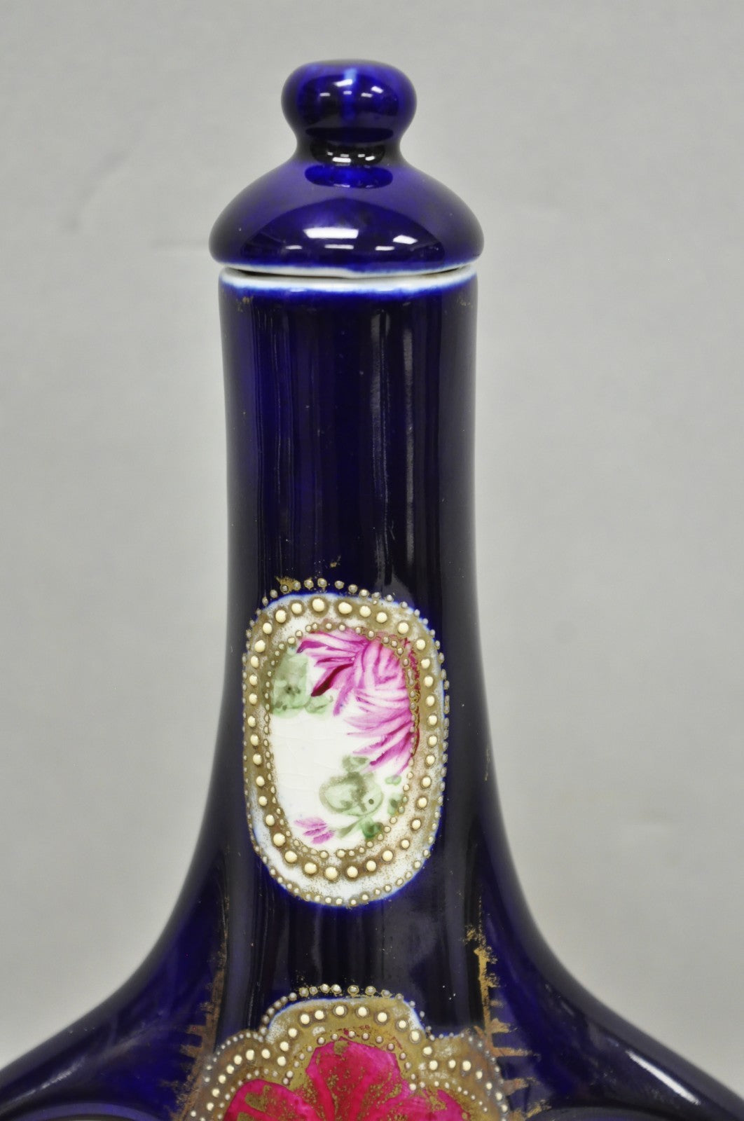 Antique Royal Nippon Hand Painted Nishiki Cobalt Blue Floral Vase With Stopper