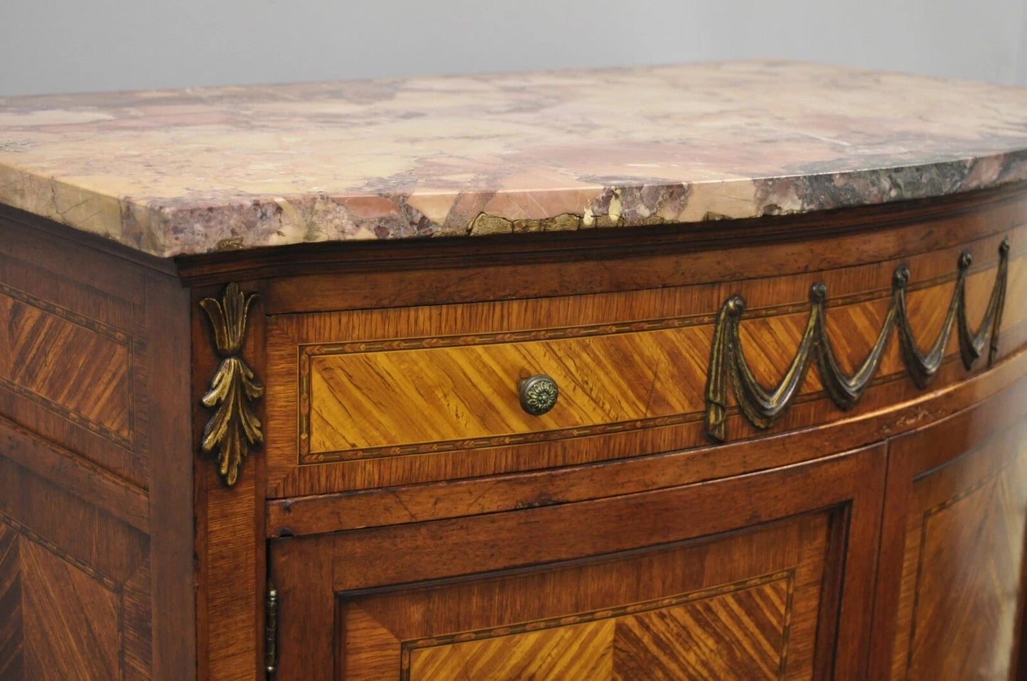 Antique French Louis XV Style Satinwood Marble Top Tall Chest Dresser Cabinet