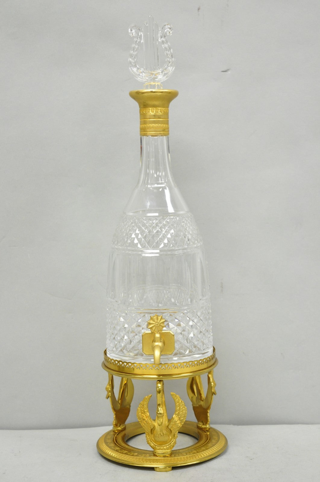 Vintage French Baccarat Style Bronze Swan & Cut Crystal Glass Liquor Decanter