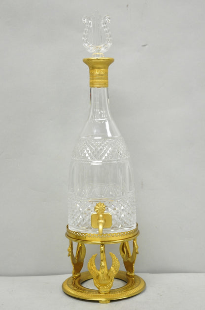 Vintage French Baccarat Style Bronze Swan & Cut Crystal Glass Liquor Decanter