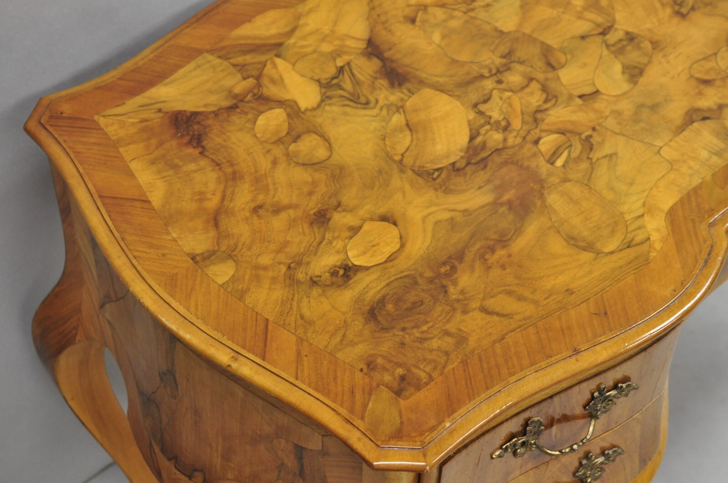 Vintage Italian Rococo French Country Burl Wood Olive Wood Inlay Writing Desk