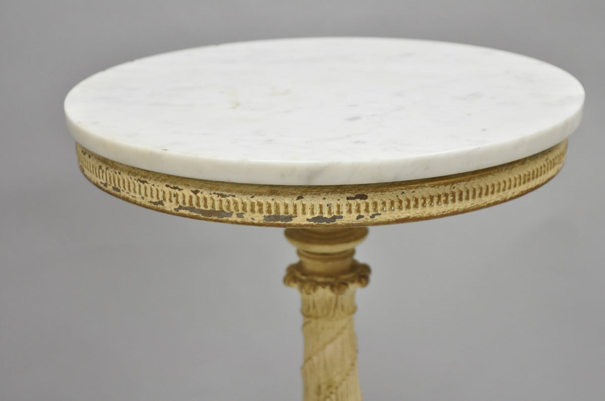 Vintage Hollywood Regency Small Metal Pedestal Marble Top Drinks Side Table Pair