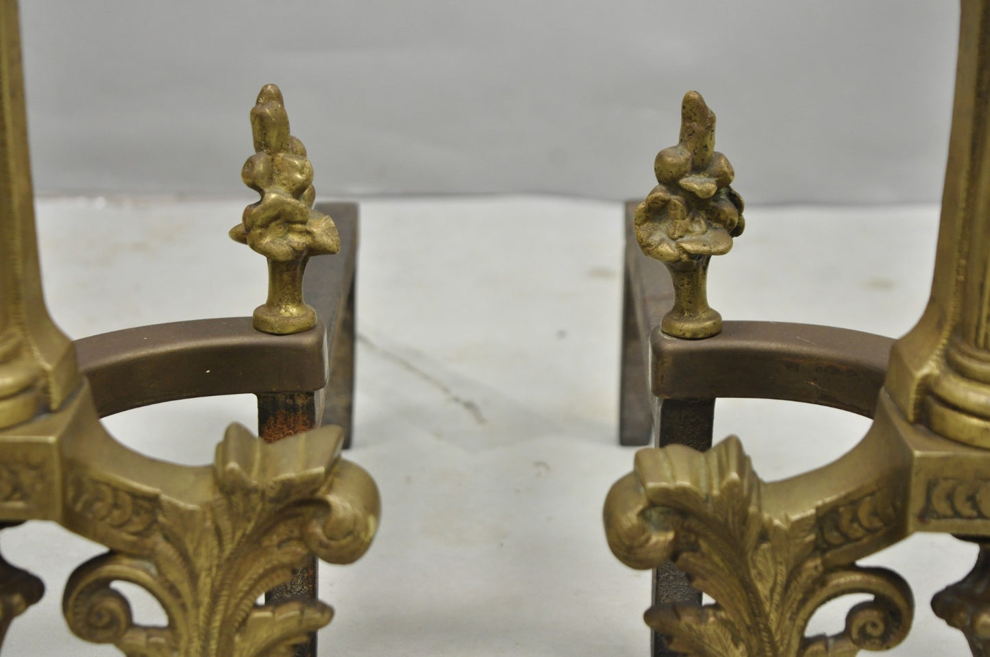 Antique French Empire Style Bronze Corinthian Column Fireplace Andirons - a Pair