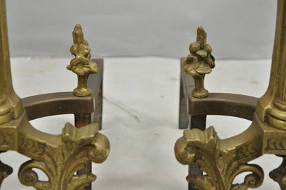 Antique French Empire Style Bronze Corinthian Column Fireplace Andirons - a Pair