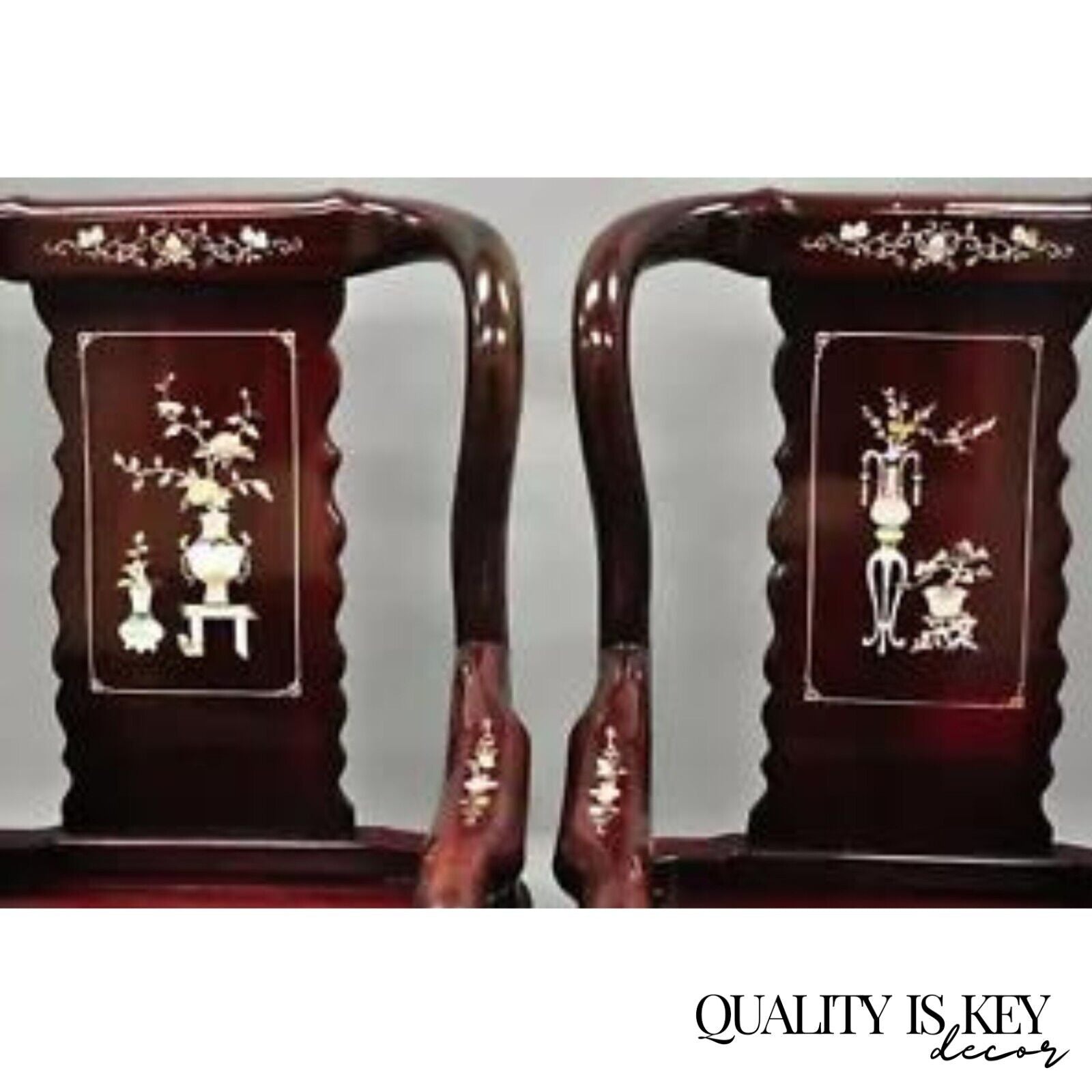 Vintage Oriental Chinese Carved Wood Throne Lounge Chairs w/ Pearl Inlay - Pair