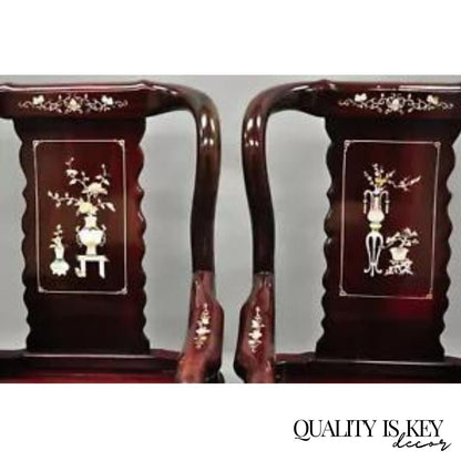Vintage Oriental Chinese Carved Wood Throne Lounge Chairs w/ Pearl Inlay - Pair