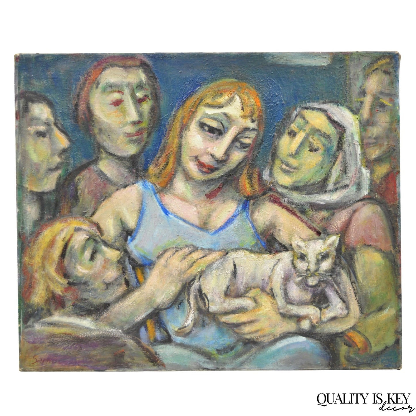 Vintage Samuel Heller "Women with Cat" Oil on Canvas Portrait Painting Signed