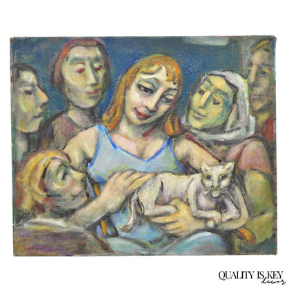 Vintage Samuel Heller "Women with Cat" Oil on Canvas Portrait Painting Signed