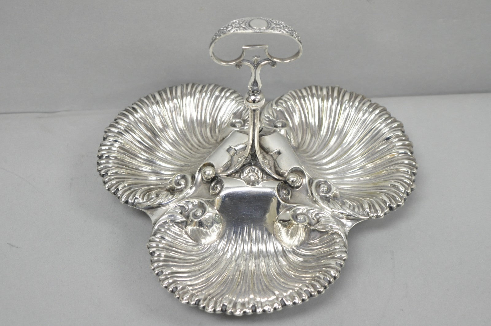 Antique English Victorian Silver Plated Triple Clam Shell Nautical Candy Dish