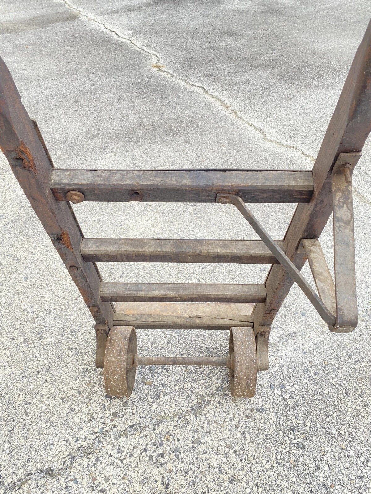 Antique Industrial Vintage Oak Wood and Steel Metal Factory Hand Truck