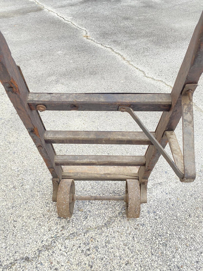 Antique Industrial Vintage Oak Wood and Steel Metal Factory Hand Truck