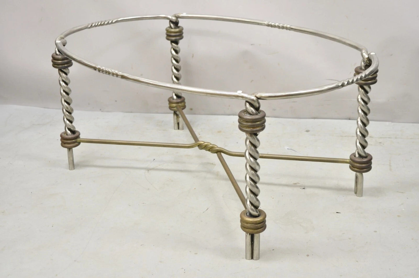 Vintage Italian Neoclassical Style Steel Bronze Twisted Metal Oval Coffee Table