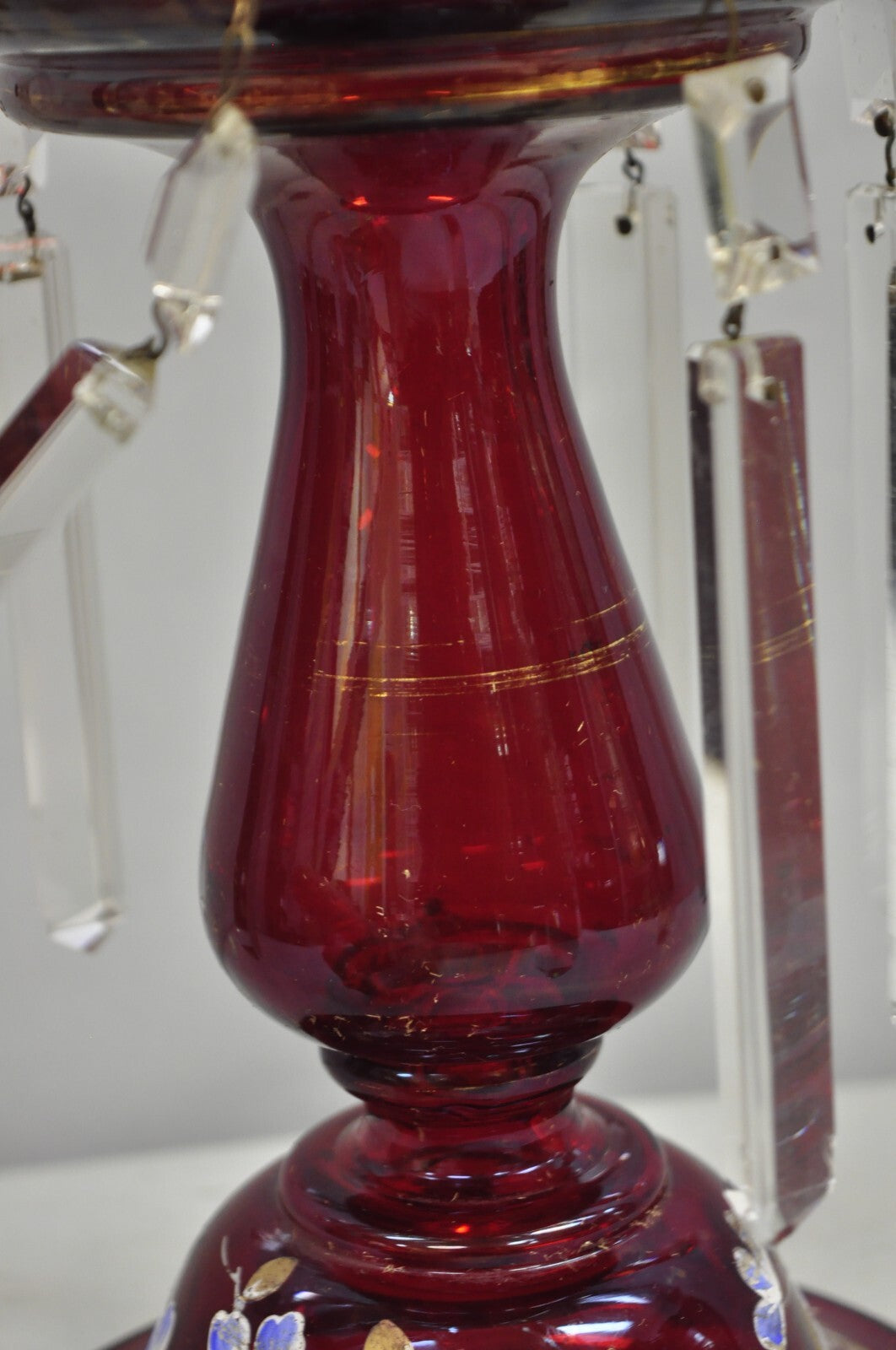 Antique Victorian Cranberry Glass Hand Painted Mantel Lustre Vase with Crystals