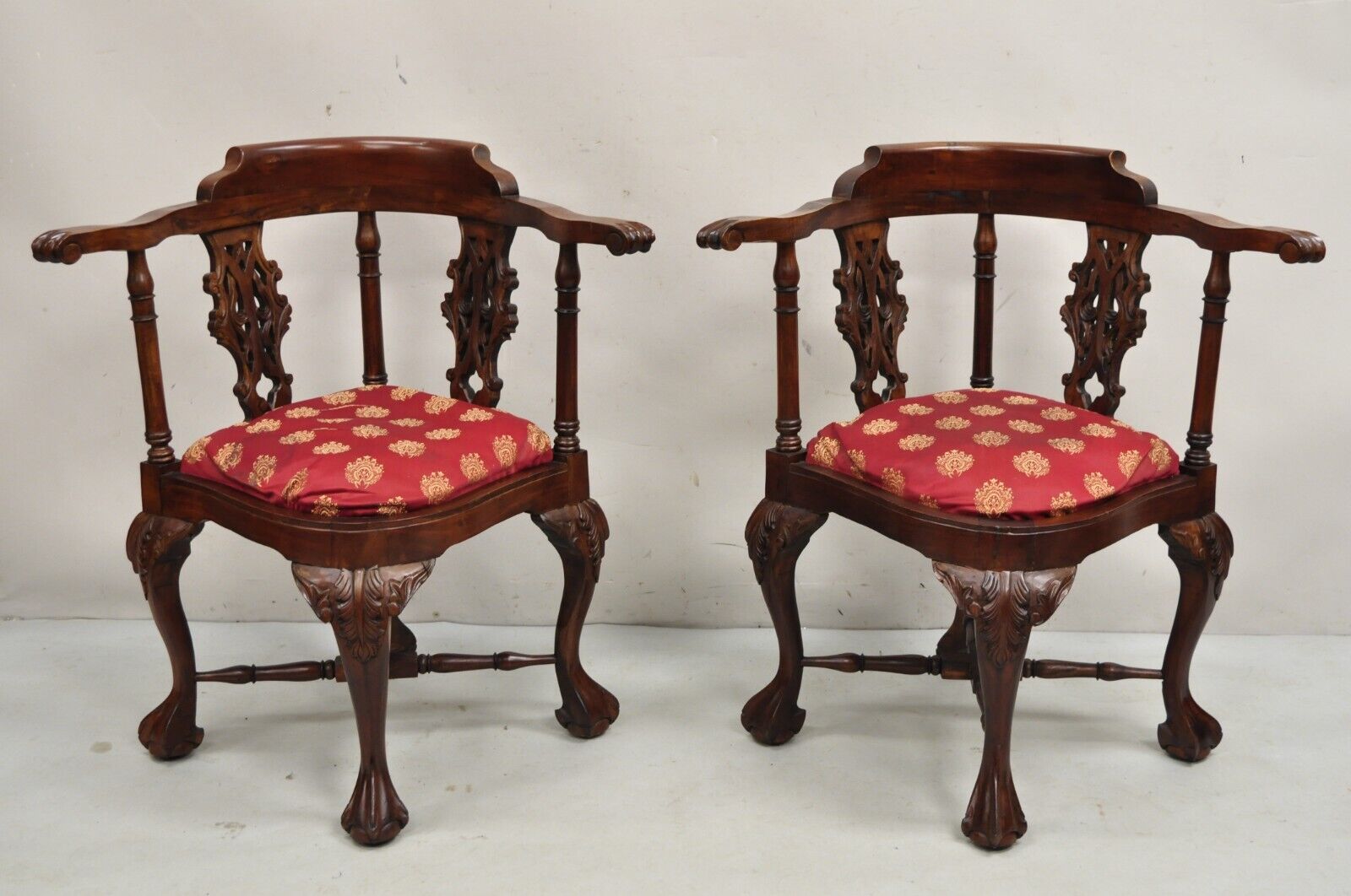 Chippendale Style Carved Mahogany Ball and Claw Corner Accent Chair - a Pair