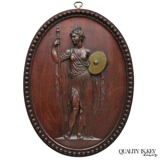 Antique Classical Oval Carved Mahogany Figural Goddess Wall Sculpture Plaque