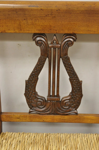 Vintage Italian Neoclassical Cherry Wood Dolphin Lyre Carved Rush Seat Bench