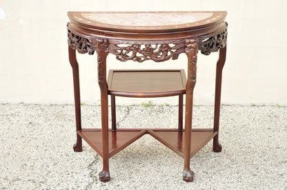 Vintage Oriental Chinese Carved Hardwood Demilune Marble Top Console Hall Table