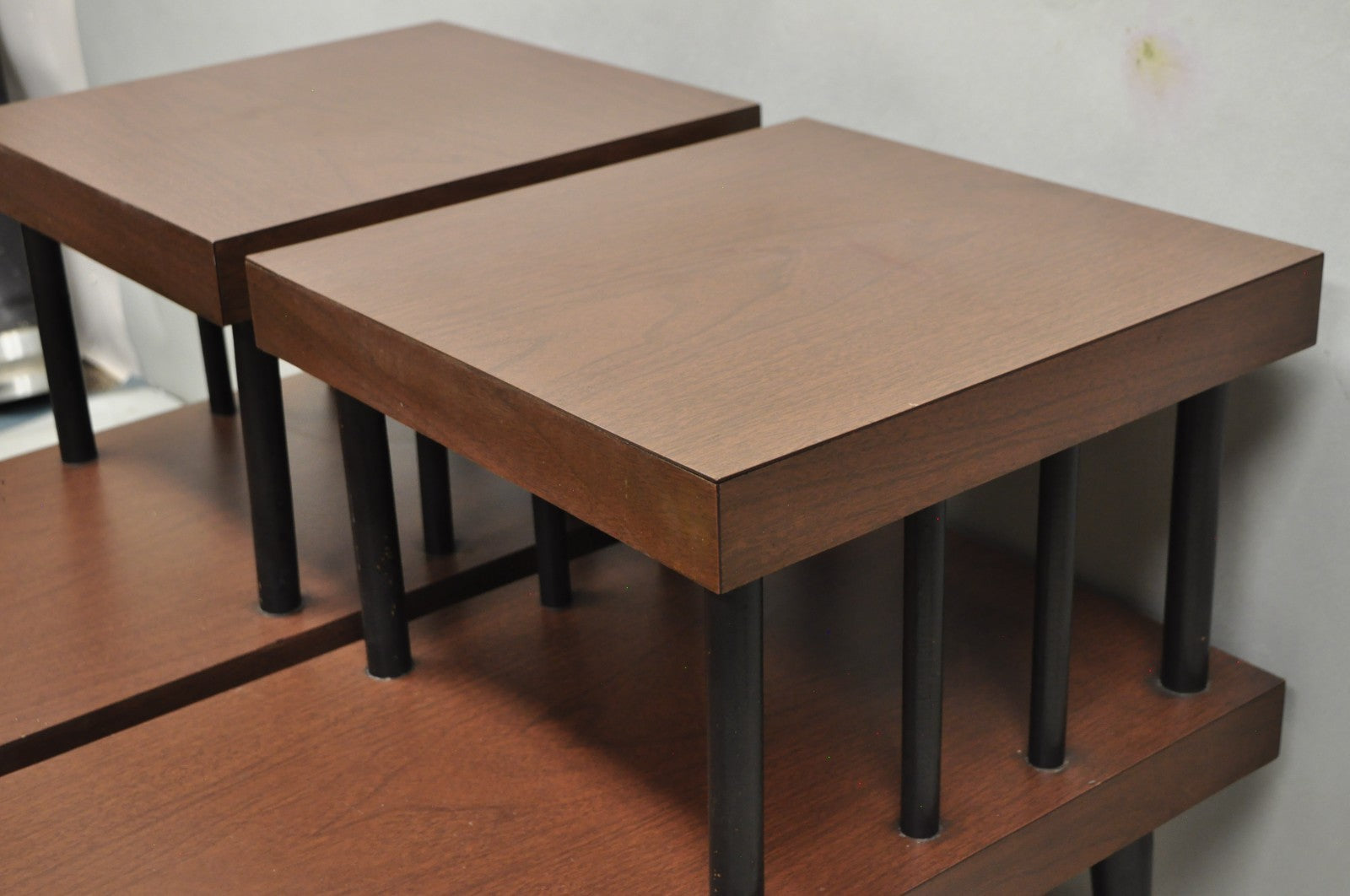 Vintage Mid Century Modern Two Tier Step Walnut Laminate Spindle End Table, Pair