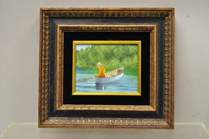 Daniel Belliard Enamel on Copper Small Framed Painting Fisherman in Boat on Lake