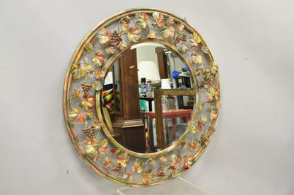 Vintage Italian Hollywood Regency Grapevine Maple Leaf 38" Round Wall Mirror