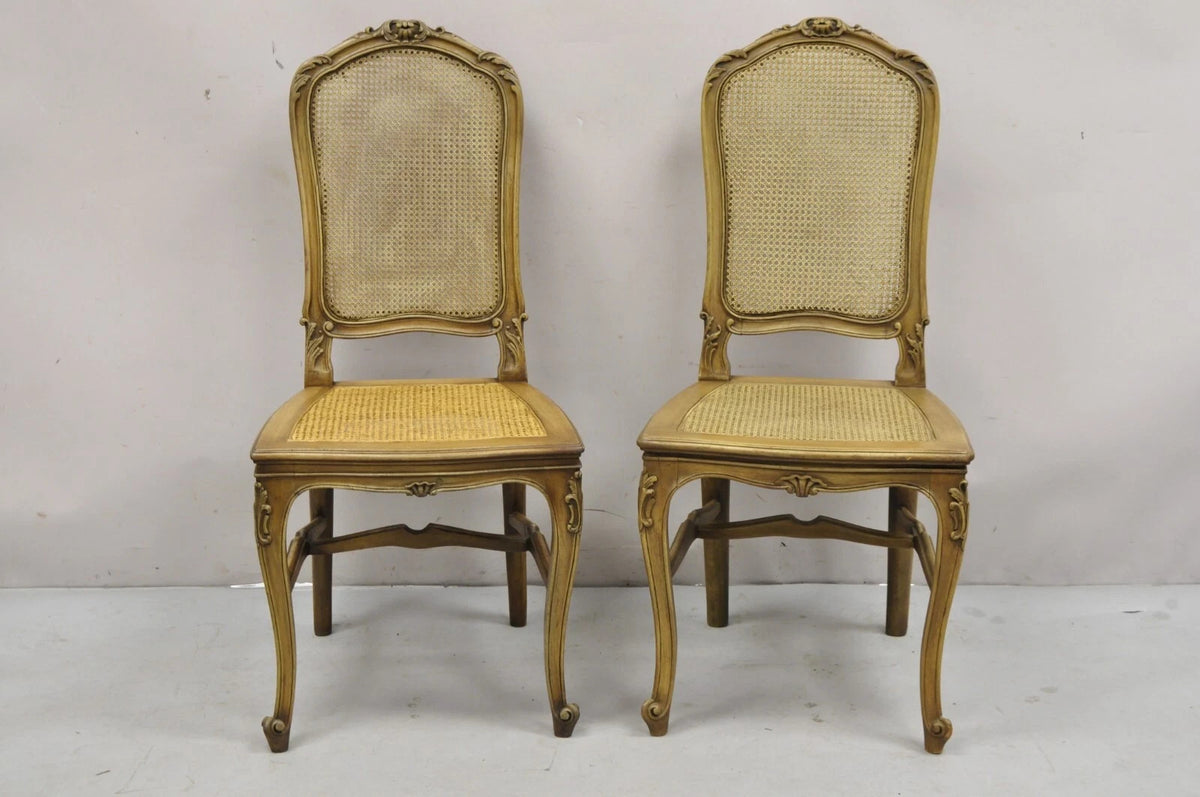 Antique French Provincial Louis XV Style Carved Walnut Cane Side Chair - a Pair