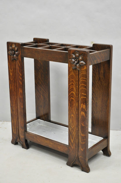 Antique Arts & Crafts Oak Wood Relief Carved Flower Umbrella Stand by MI Chair