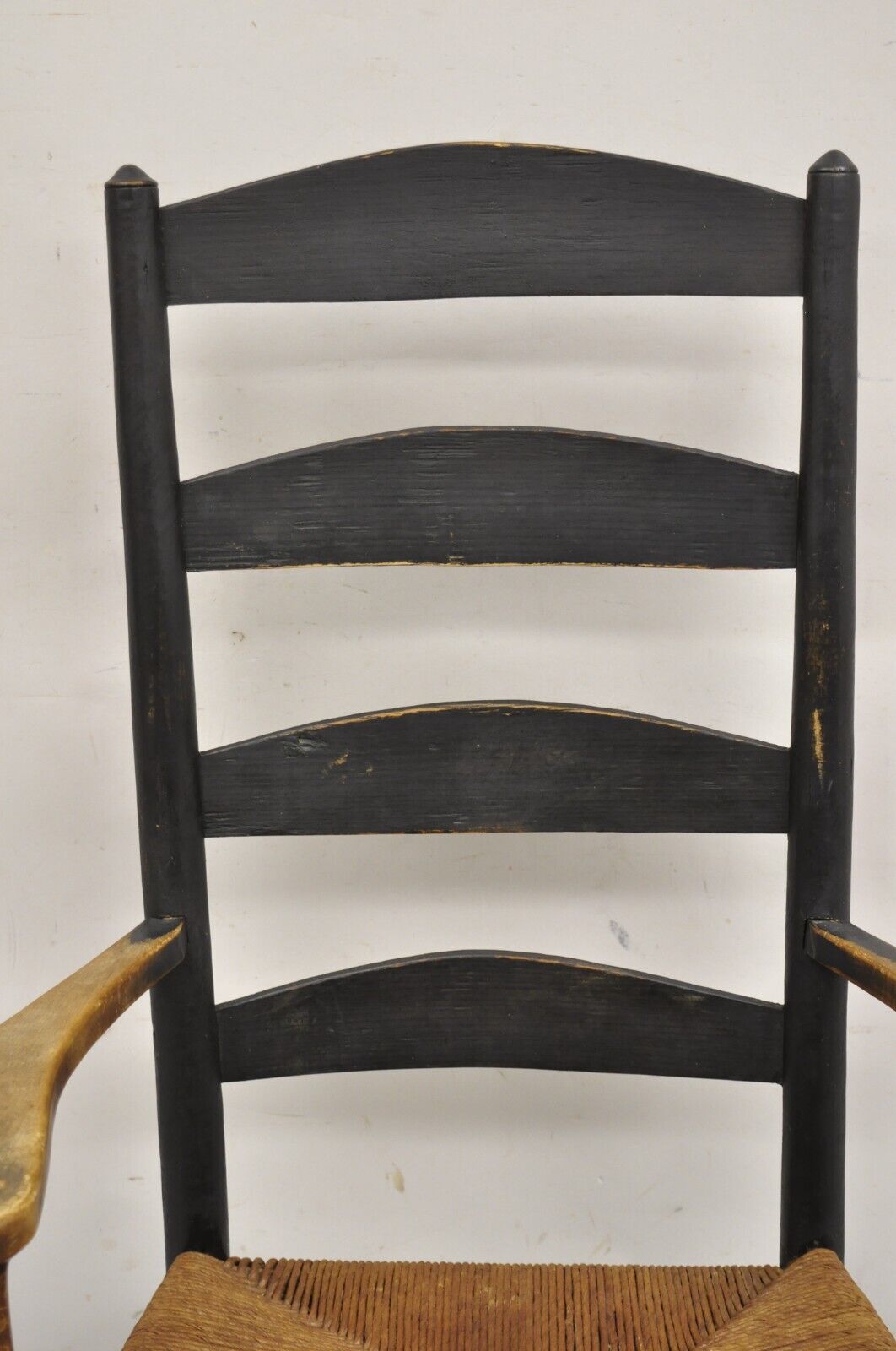 Antique American Primitive Shaker Ebonized Wood Rush Seat Rocker Rocking Chair