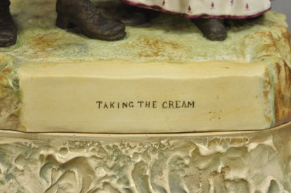 Antique Large Victorian Bisque "Taking The Cream" Porcelain Figure Table Lamp