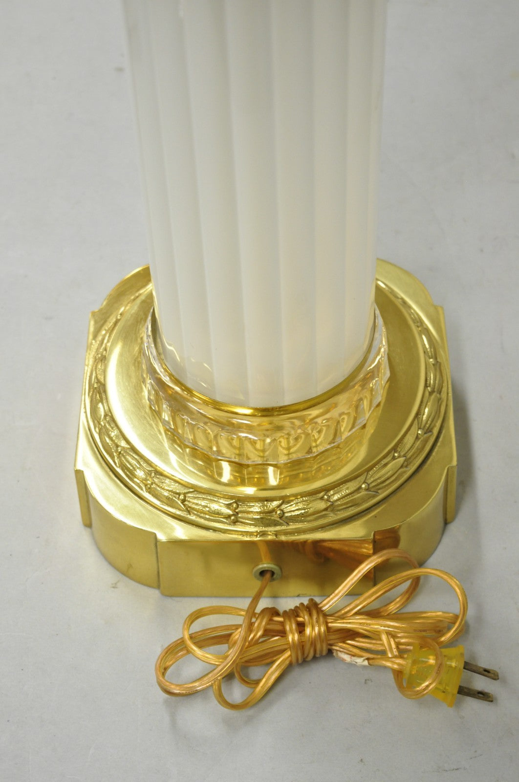Vintage French Empire Style Ribbed Glass Column Gold Table Lamp Made in Poland