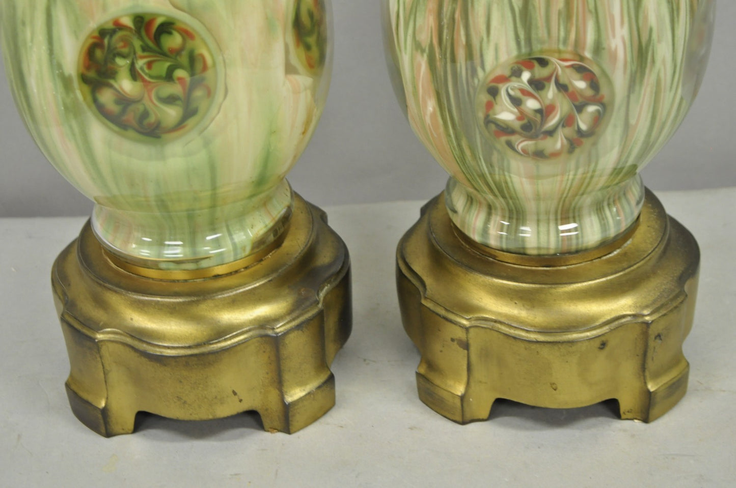 Vintage Mid Century Modern Italian Murano Green Blown Glass Table Lamps - a Pair