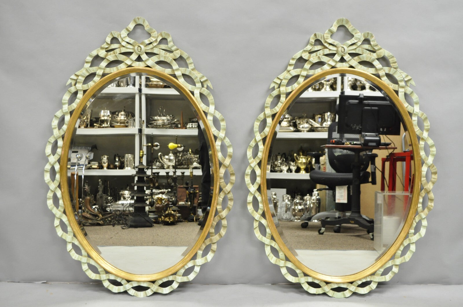 Harrison Gil Blue Italian Hollywood Regency Carved Wood Ribbon Wall Mirror Pair