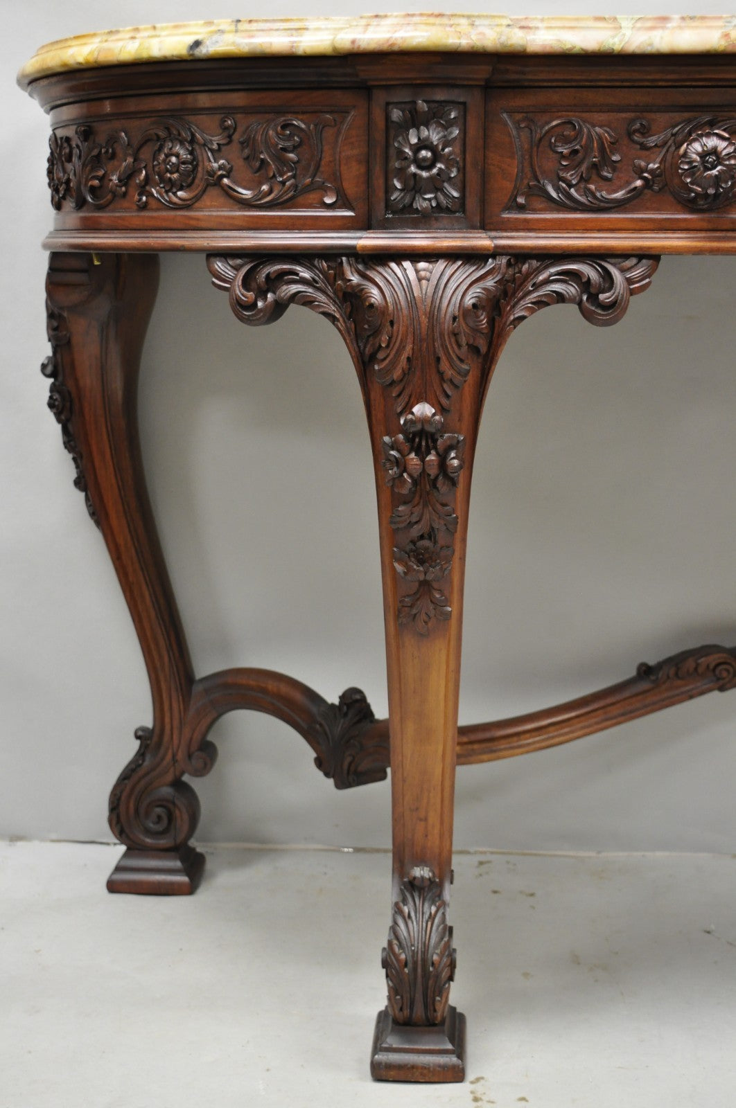 Antique French Baroque Rococo Carved Walnut Marble Top Sideboard Buffet w Drawer