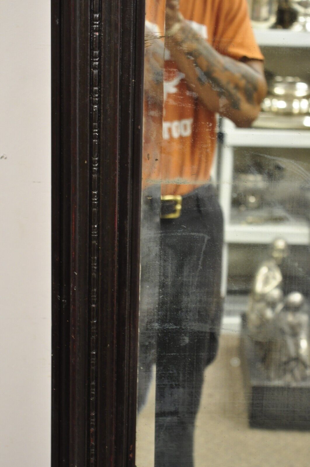 Antique Victorian Carved Walnut Tall Hall Entryway Pier Mirror with Figures