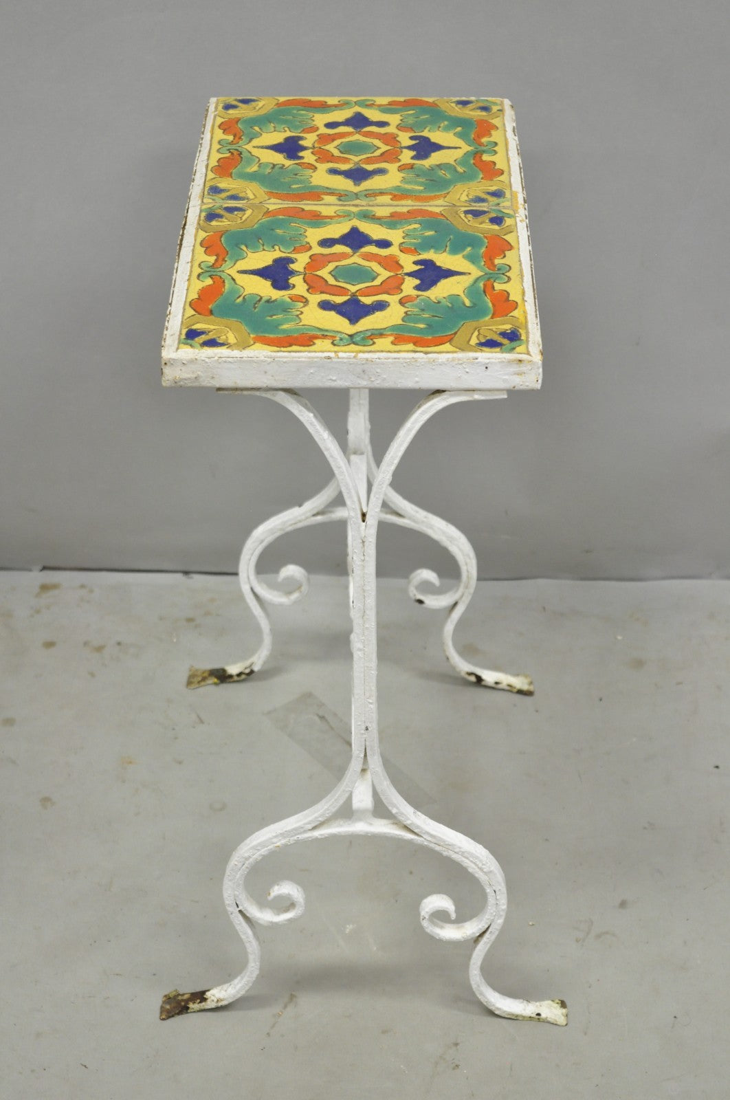 Antique Arts & Crafts Wrought Iron Side Table w/ Catalina California Tile Top