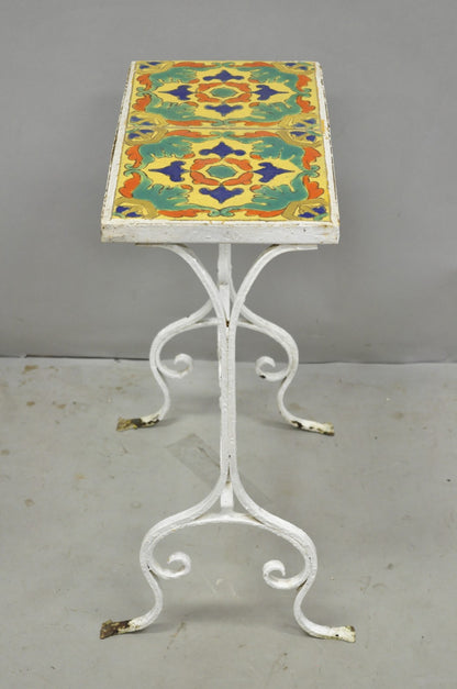 Antique Arts & Crafts Wrought Iron Side Table w/ Catalina California Tile Top
