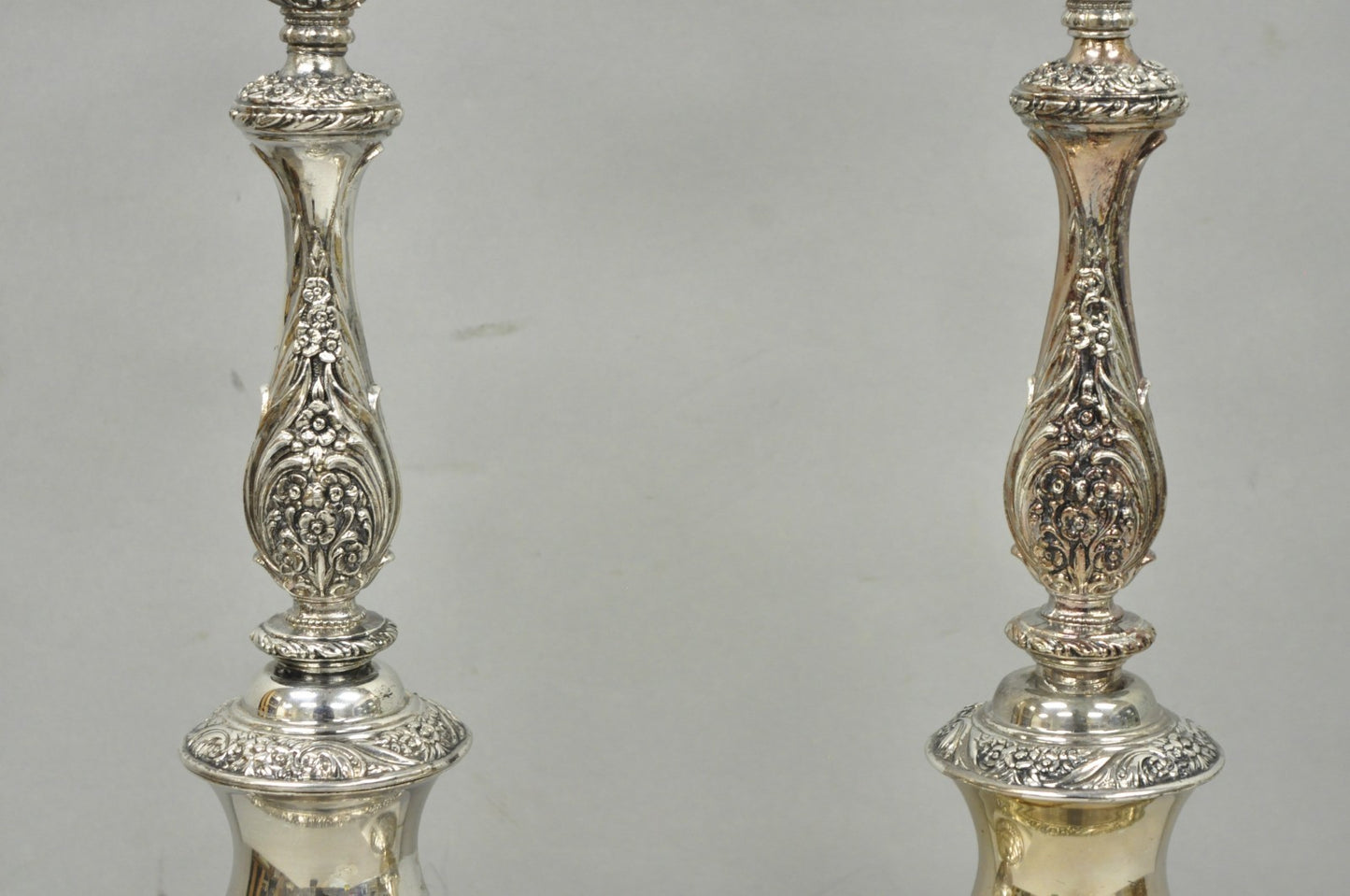 International Victorian Silver Plate Floral Repousse Candlestick Table Lamp Pair