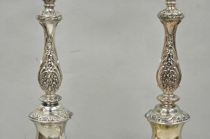 International Victorian Silver Plate Floral Repousse Candlestick Table Lamp Pair
